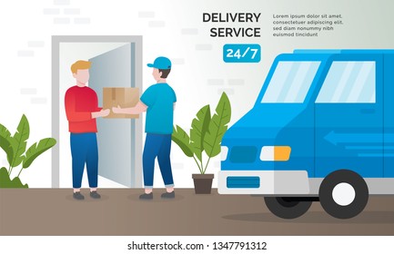Illustration concept of delivery services. Express delivery concept, Delivery parcel to door. Vector illustration