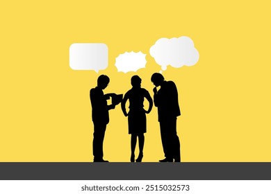 an illustration concept depicting 3 people consisting of 2 men and 1 woman who are exchanging ideas