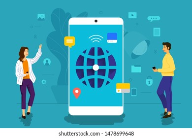 Illustration Concept Design Businessman Working To Mobile Application Together Building World Wide Web. Vector Illustrate.