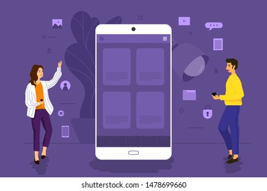 Illustration concept design businessman working to mobile application together building platform. Vector illustrate.