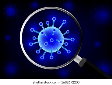Illustration concept design of finding Corona Virus Covid-19 by using magnifying glass on a dark black and luminous blue background
