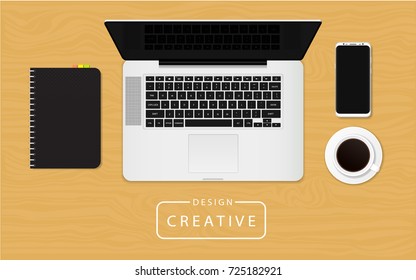 Illustration, Concept Design Workplace with Laptop Notebook Coffee and Smartphone for Business or Create your own idea