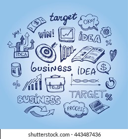 Illustration concept with Doodle design style idea, brainstorming, creative thinking, target, infographics elements, devices, clouds. Modern style illustration for web. Hand drawn illustration.Vector.