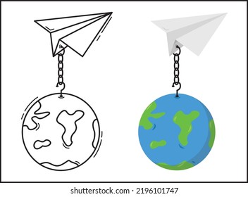 Illustration concept of earth hanging on paper plane.