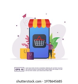 Illustration concept of e-commerce with the person pressing the shopping button.