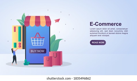 Illustration concept of e-commerce with the person swiping the credit card and grocery bags.