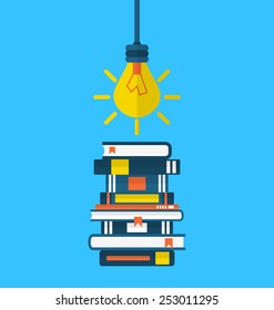 Illustration concept education and learning, flat icons of heap textbooks and lightbulb - vector