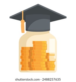 Illustration concept of education savings with money jar, coin stack, and graduation cap for college tuition fund, financial planning, and future academic funding preparation