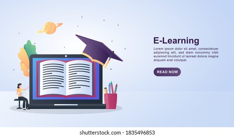 Illustration concept of e-learning with people reading books that are on the laptop.