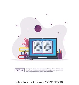 Illustration concept of E-learning with people reading books online on laptops.