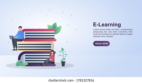 Illustration concept of e-learning with people sitting on books holding laptops.