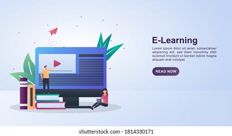 Ilustración del E-learning con una persona sobre un montón de libros.