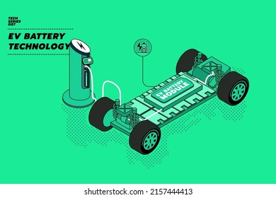 Illustration concept of electric car or EV car chassis battery module platform with electric charge station. System test.
