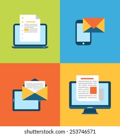 Illustration Concept Of Email Marketing Via Electronic Gadgets - Newsletter And Subscription, Flat Trendy Icons - Vector