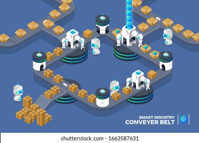 Illustration concept factory conveyor belt. Automation smart packaging. Robotic arms production on transporter line. Isometric vector illustrate.