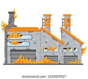 illustration of the concept of a factory experiencing a fire or a factory burning down, flat style vector illustration.
