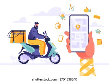 Illustration with concept of fast delivery, package tracking in mobile application. Cartoon flat design style. Young man, courier rides motorbike with backpack in trunk deliverer. Hand with city map 