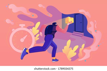 Ilustración de servicios de entrega rápida. Un paquete a puerta. Ilustración del vector