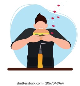 Illustration of the concept of fast food, a man enjoys eating a huge burger and drinking soda.The pleasure of eating, delicious food, burger day. Vector illustration in a flat style