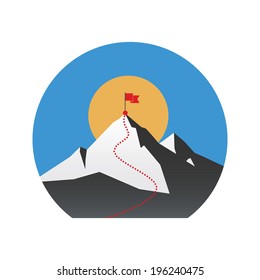 Illustration concept with flag on the mountain peak, meaning overcoming difficulties, winning strategy with focus on results.