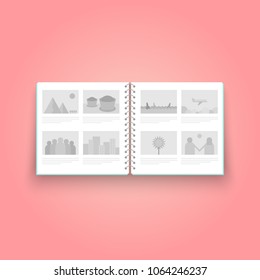 illustration concept flat style photo album on pink background, vector