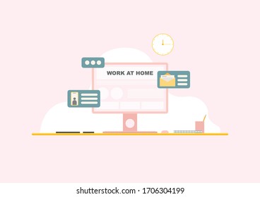 illustration concept of flat vector style, Working desk with computer Office equipment and icons Email Telephone Chat for work at home.