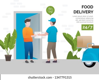 Illustration concept of food delivery services. Fast and free delivery by scooter. Illustration food delivery to door with scooter. Food courier deliver to door - Vector illustration