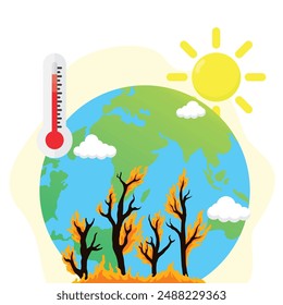 Illustration des Konzepts der Waldbrände aufgrund des heißen Wetters oder der Trockenzeit, flache Vektorillustration.