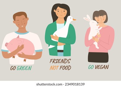 Illustration concept friends not food. Go vegan. Woman and man holding and hugging animals. Illustration of friendship between animals and people. Veganism and vegetarianism