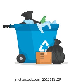 Ilustración del concepto de un cubo de basura lleno, pila de basura. Ilustración vectorial en estilo plano.