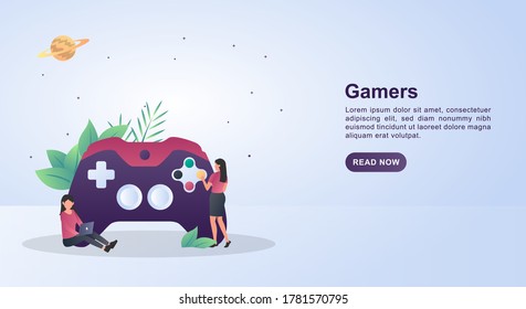 Illustration concept of gamers with the person who presses the joystick button.