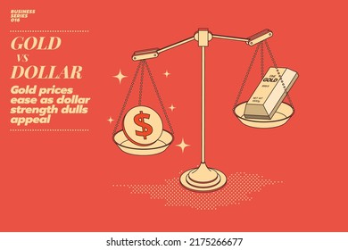 Concepto de ilustración de oro vs dólar. Banda de oro y moneda en dólares con balanza. Gestión del dinero, plan financiero, valor del tiempo del dinero, valor del oro y precio. Los precios del oro se aligeran a medida que el dólar se fortalece.