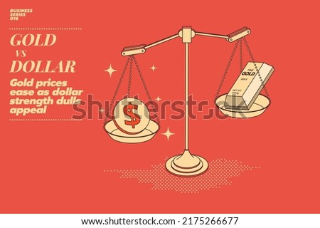 Illustration concept of Gold vs Dollar. Gold bar and dollar coin with balance scale. Money management, financial plan, time value of money, Gold value and price. Gold prices ease as dollar strength.