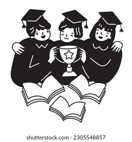 Illustration concept of graduate accomplishment or success in learning by three people wear graduation caps, holding trophy of achievement with open books underneath. 