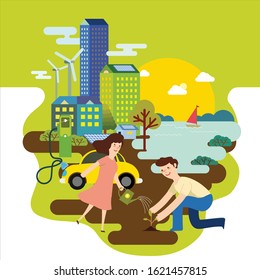 Illustration concept of green city, people living in harmony with nature using sustainable energy. Wind and Solar power, electric vehicle