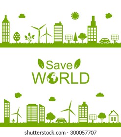 Illustration Concept Green Futuristic World, Green Houses, Solar Panels and Windmills - Vector