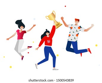 illustration concept of group of business people character holding trophy and get reward and celebrate, can use for landing page, web, presentation, flyer, banner. Character design