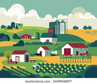 illustration of the concept of growing crops and local food production, agriculture, factory in the background, growing on a farm 