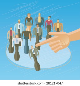 Illustration of the concept of a hand pushing an employee in front of peers, over a blackboard, or getting fired. 