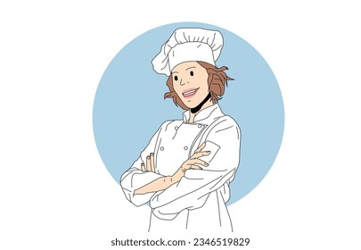 illustration concept. illustration of a happy smiling female chef in toque with crossed arms.  cooking, culinary, and people concepts.