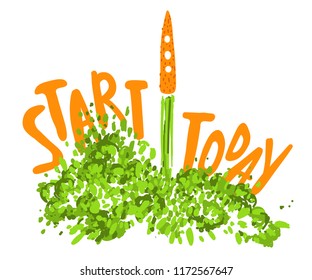 Illustration of the concept of a healthy lifestyle. Carrots taking off like a rocket with lettering about Start today. Starting new healthy life concept.