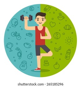 Illustration of the concept of holistic fitness. Young man lifting weights and doing yoga at the same time. Background is a pattern of wellness related symbols. Flat cartoon style vector.