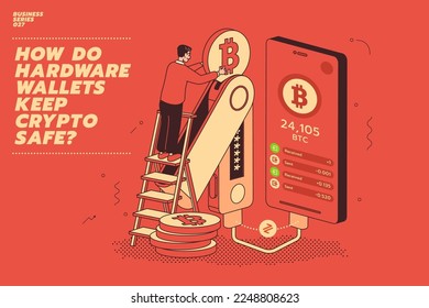 Illustration concept of "How do Hardware Wallets Keep Crypto Safe?" 

Isometric Digital Wallet. USB, Handy Wallet, secure technology for cryptocurrency bitcoin. Digital wallet application on mobile