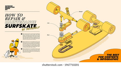 Illustration concept of how to repair skateboard. A man repairing skateboard or surf skate at home with a dog. Isometric illustration of skateboard assembly scheme and parts. The Best for infographic.