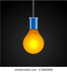 illustration of concept of idea by lamp in the darkness. blue and yellow colors and wire