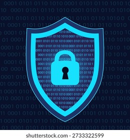 An illustration of the concept of information security in the form of a shield with a closed lock against a background of binary code numbers