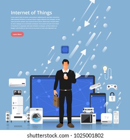 Illustration concept IOT ( internet of things ) present by the man stand among device and electronic can use control with mobile. Flat design vector.