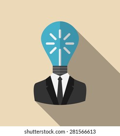 Ilustración Lámpara de concepto de nueva idea como de jefe de negocios, icono plano con sombra larga. vectorial