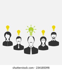 Illustration concept of leadership and new idea. Business people with light bulbs as a concept of new ideas - vector