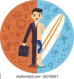 Illustration of the concept of life and work balance. Young businessman in suit on the left and on the beach with a surfboard on the right. Background is separated into two thematic parts.